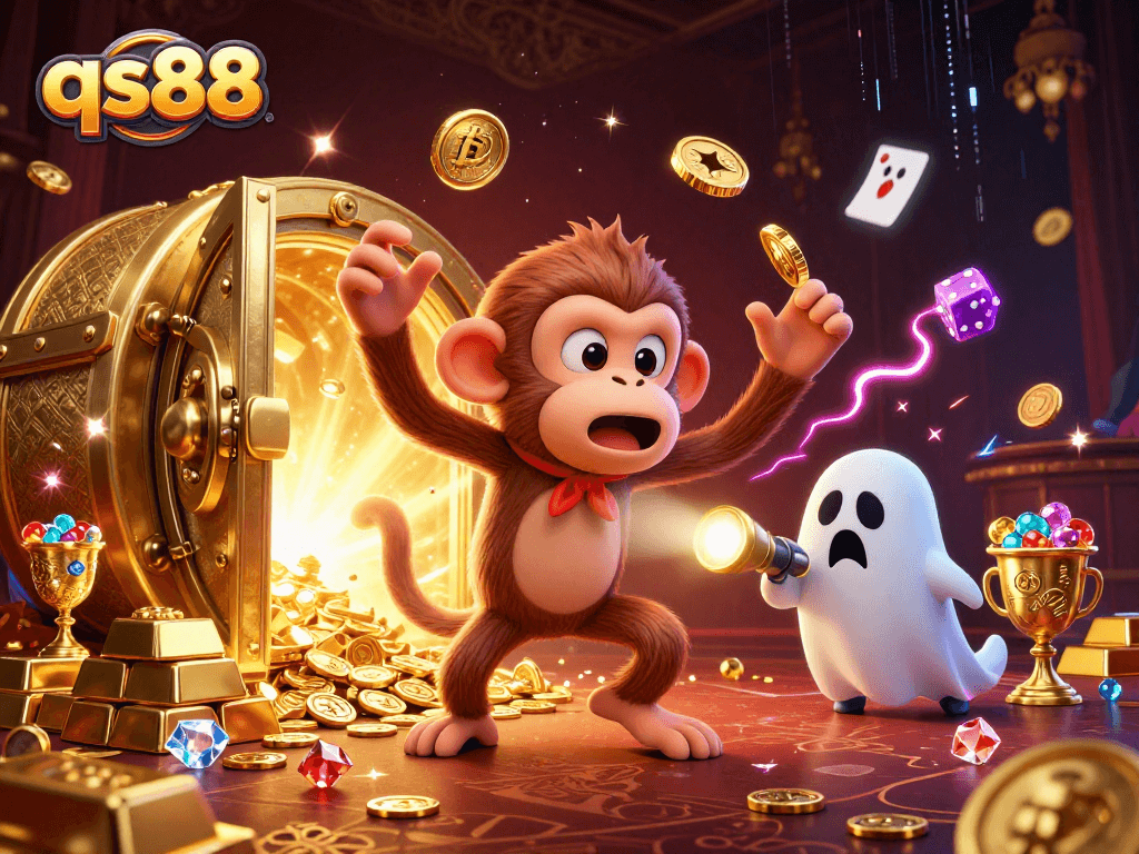 Win big at qs88 with a mischievous monkey juggling gold in a haunted casino scene.