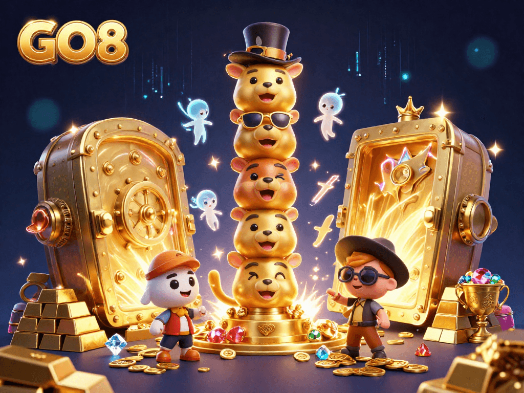 Experience thrilling gameplay with GO8 as vibrant casino treasures and a dynamic totem pole come to life in this vivid illustration.