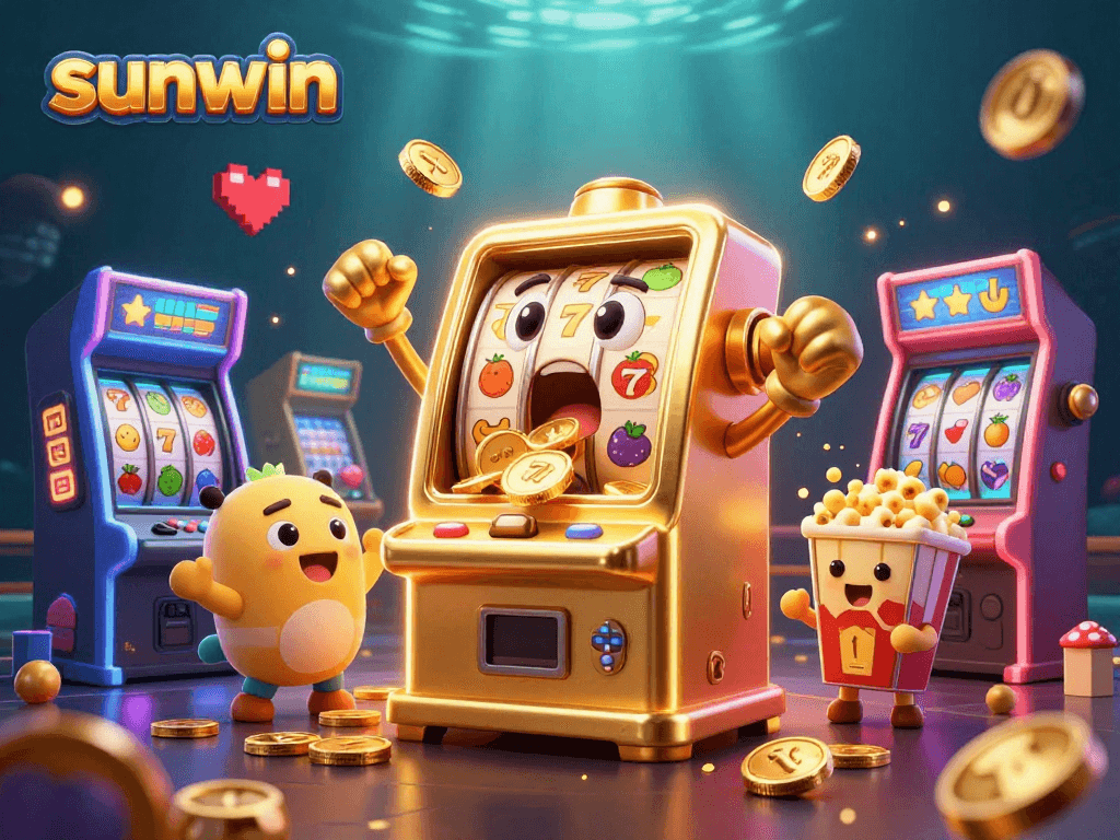 Experience excitement with sunwin's golden slot machine hitting the jackpot amid a vibrant casino scene.