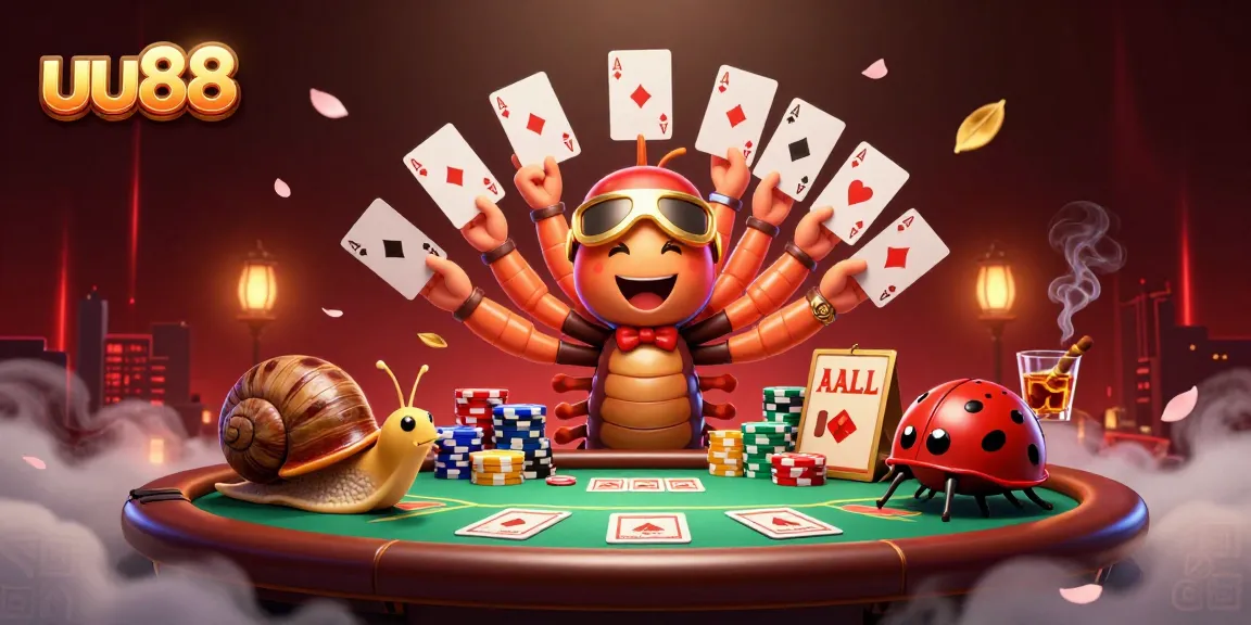 uu88 casino experience with a vibrant dealer, chip-stacking snail, and excited pill bug, surrounded by poker elements.