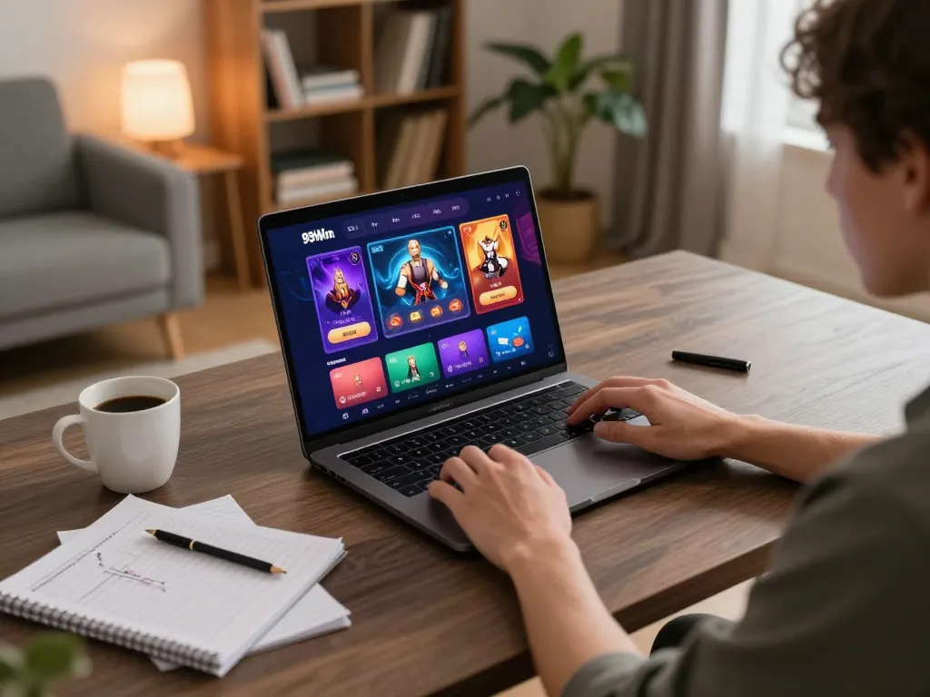 Engaged player using 99Win on laptop surrounded by strategic gaming notes for responsible gambling
