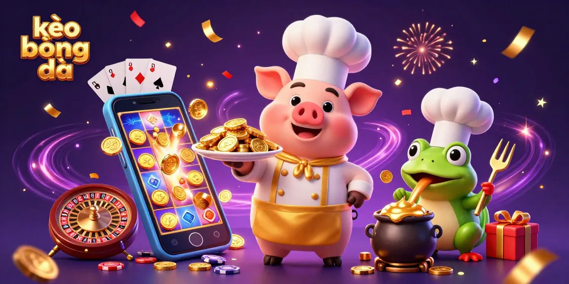 Kèo bóng đá showcases a vibrant scene of a cartoon chef pig serving gold coins with a smartphone and gambling elements.