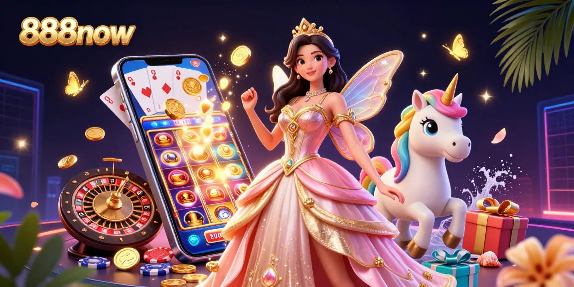 Experience thrilling slots with 888now in this vibrant casino-themed illustration.