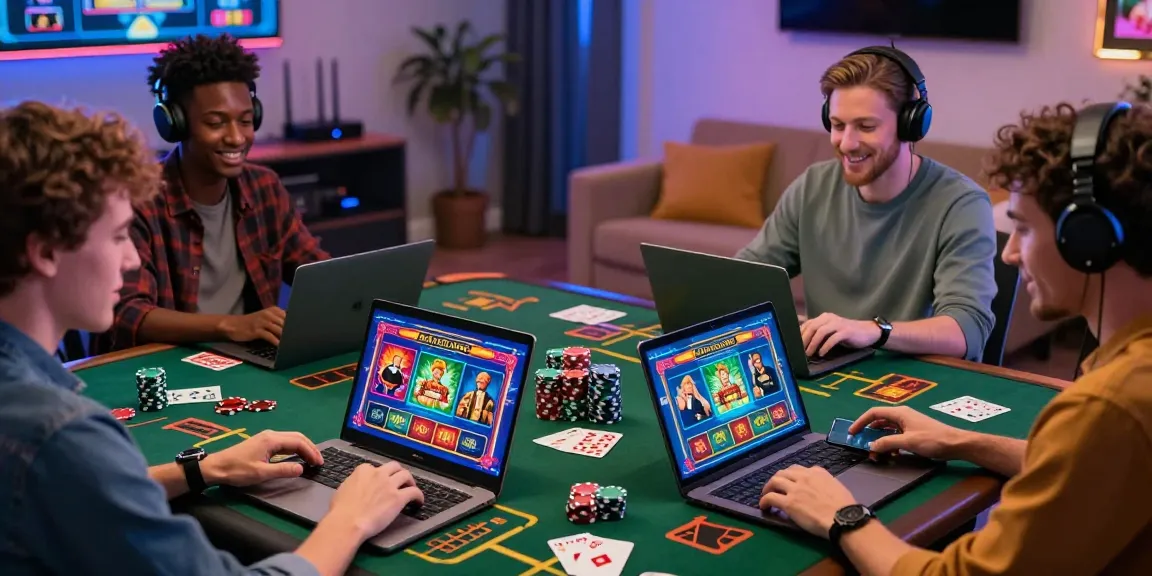 British players exploring non UK casinos at home with laptops and mobile devices, showcasing vibrant online gaming atmosphere and accessibility at https://sssk.org.uk.