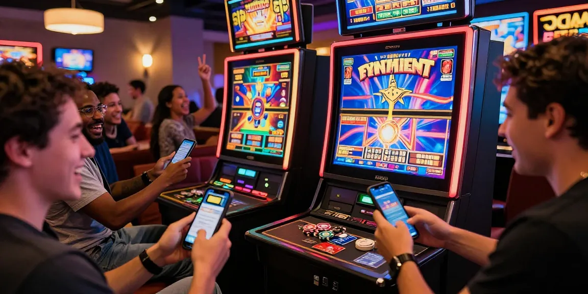 Players at casinos that accept credit cards, celebrating wins and enjoying vibrant slot machines with colorful graphics.