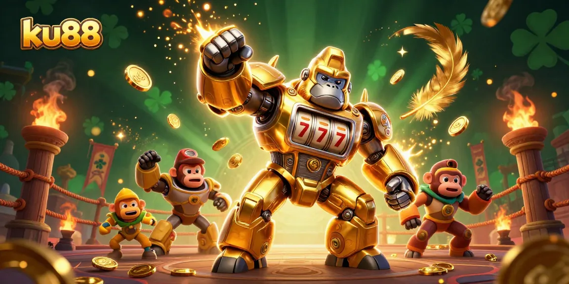 Engage in thrilling wins with ku88, featuring a golden gorilla mech amidst epic gambling elements.