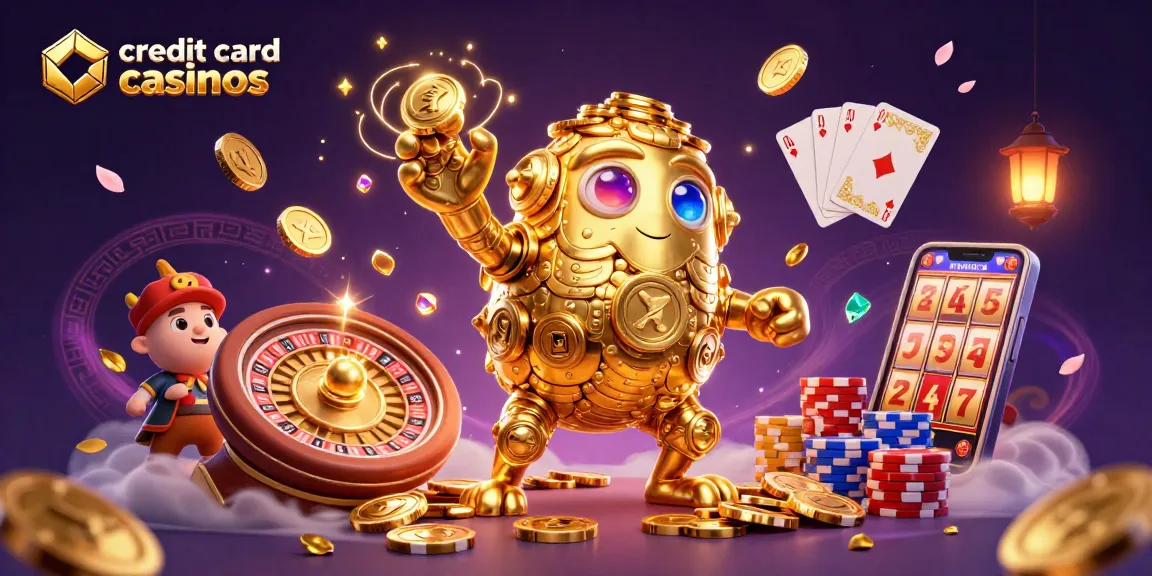 Spin and win at credit card casinos featuring a golden golem, coins, and vibrant game elements.