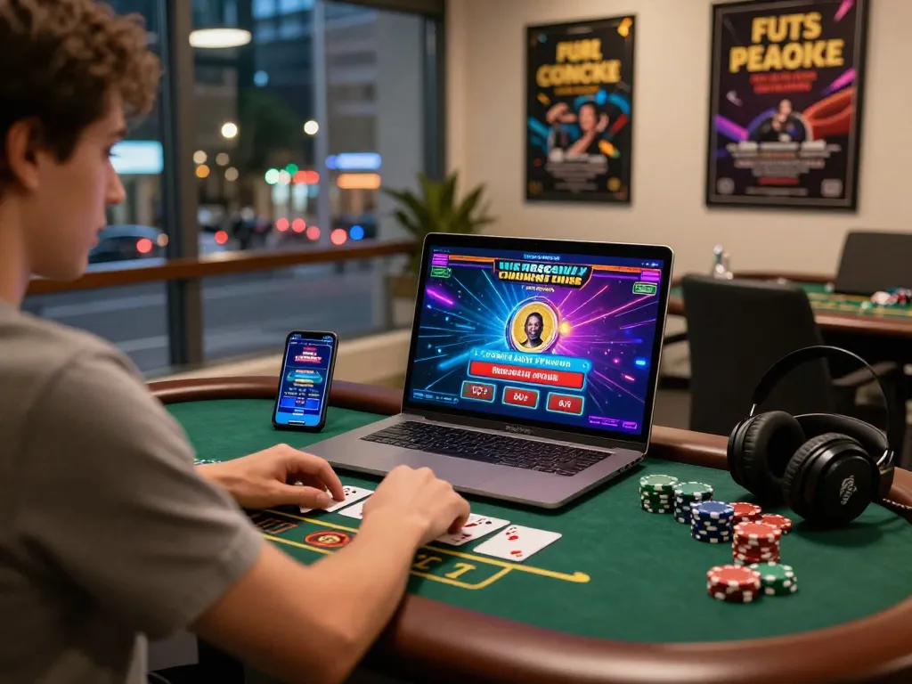 Player enjoying 789club games on a stylish desk, showcasing engaging online casino atmosphere.