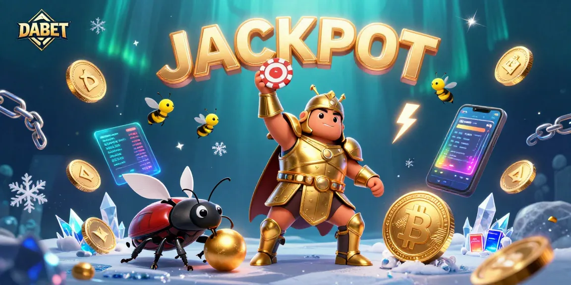 Experience DABET's thrilling jackpot with a victorious beetle, coins, and vibrant casino elements.