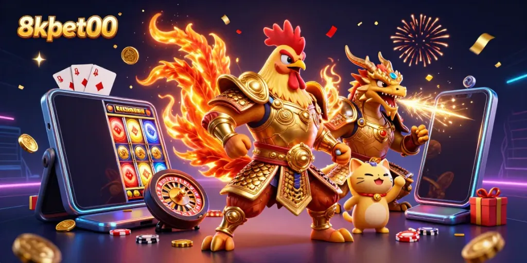 Witness thrilling action with 8xbet00's fighting characters and vibrant casino elements in this dynamic illustration.