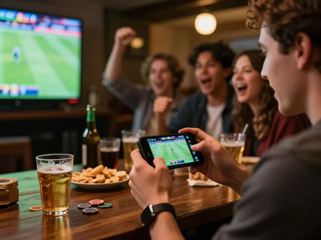 Engaging with situs parlay sports betting app during a lively game night, showcasing excitement and strategic decision-making.
