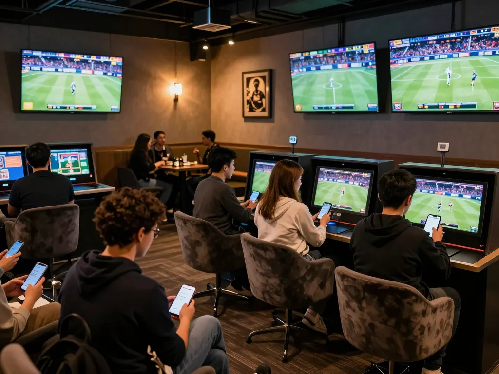 Placing bets on hitclub app while watching live sports in a vibrant lounge