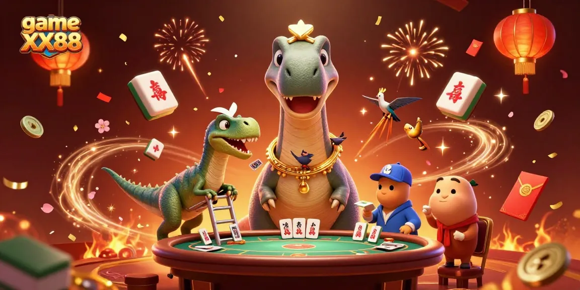 Experience the excitement of game XX88 with a cartoon dinosaur and raptor dealing cards amid festive elements.