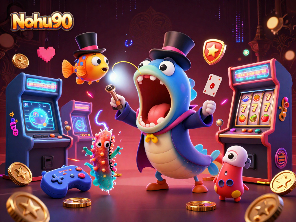 Nohu90 features a magical deep-sea gambling scene with vibrant characters and classic casino elements.