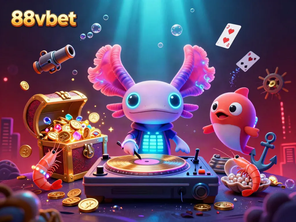 Experience vibrant gaming energy with the axolotl DJ spinning tunes at 88vbet underwater casino.