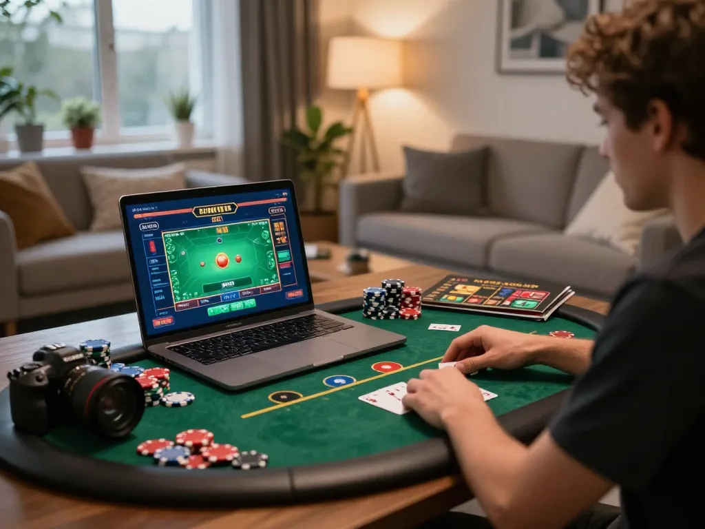 Player enjoying a live dealer game on laptop, showcasing DA88 gambling strategies in a cozy home environment