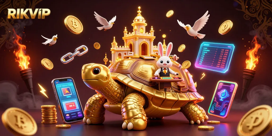 Experience RIKVIP's vibrant casino world with a golden tortoise palace and exciting gaming elements.