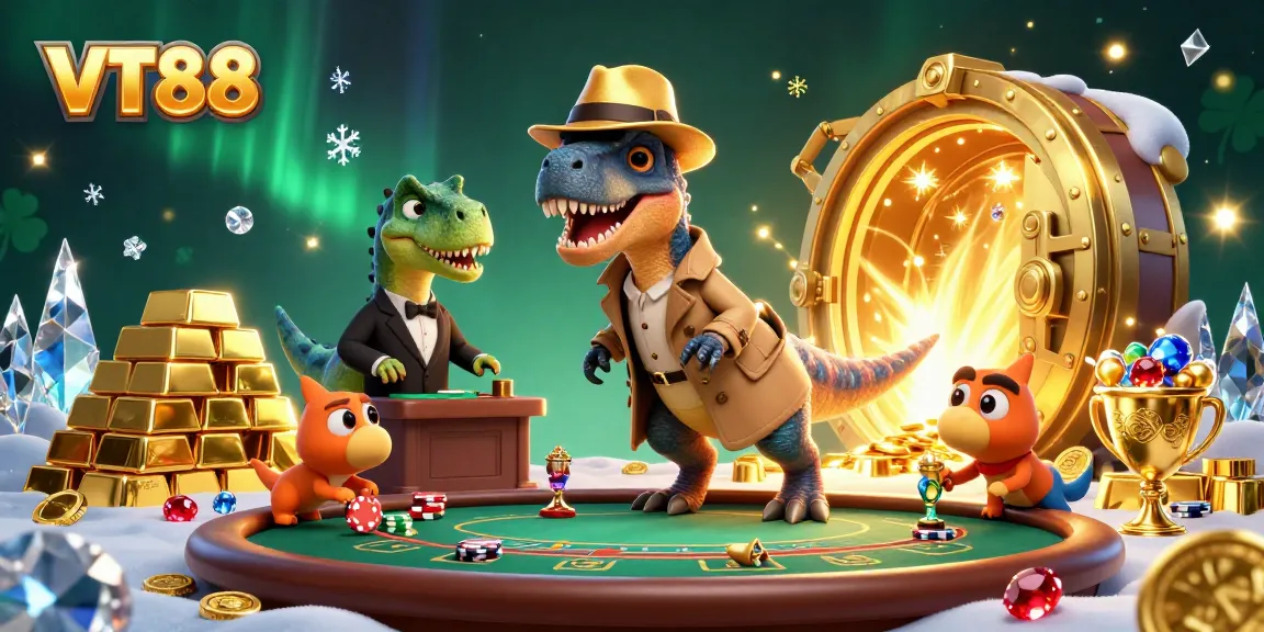 VT88 showcases a velociraptor card counter at a blackjack table amidst treasure and casino elements.
