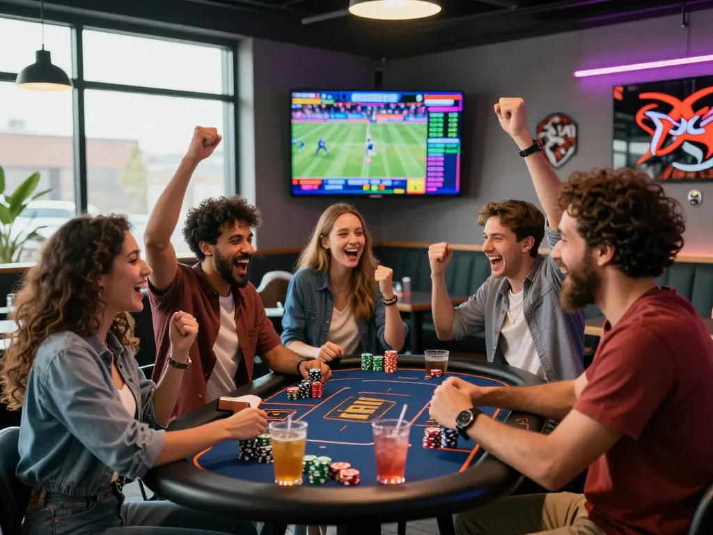 Celebration at a rikbet gaming lounge, friends enjoying sports betting with vibrant atmosphere and modern decor