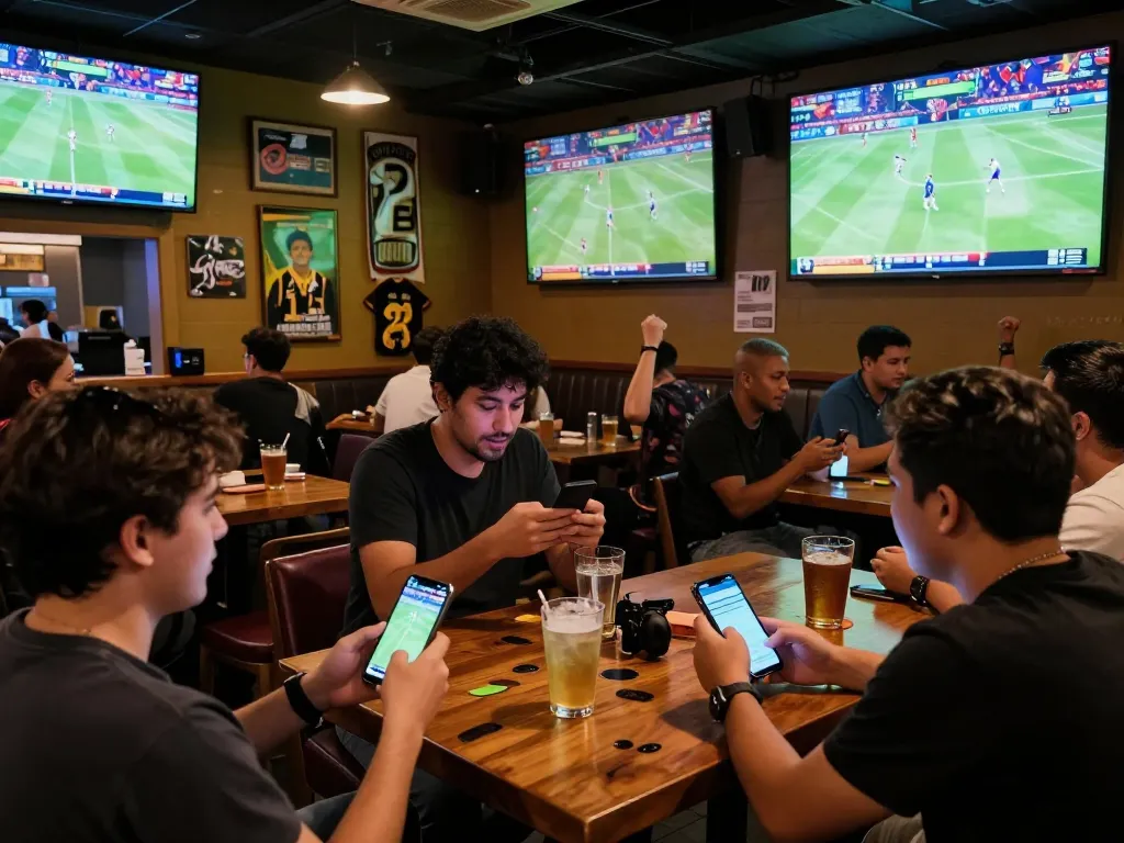 Fans celebrating a win while engaging with F88BET's mobile sports betting app in a lively sports bar