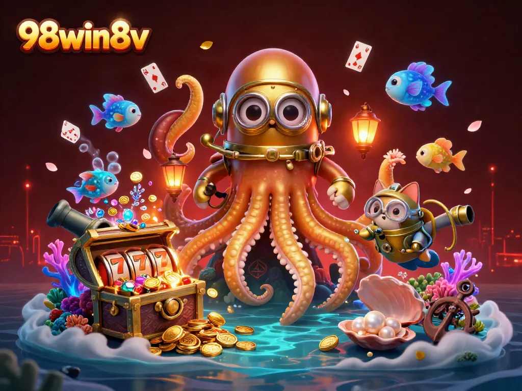 Win big with 98win8v as you explore the treasures of this exciting casino-themed underwater scene.