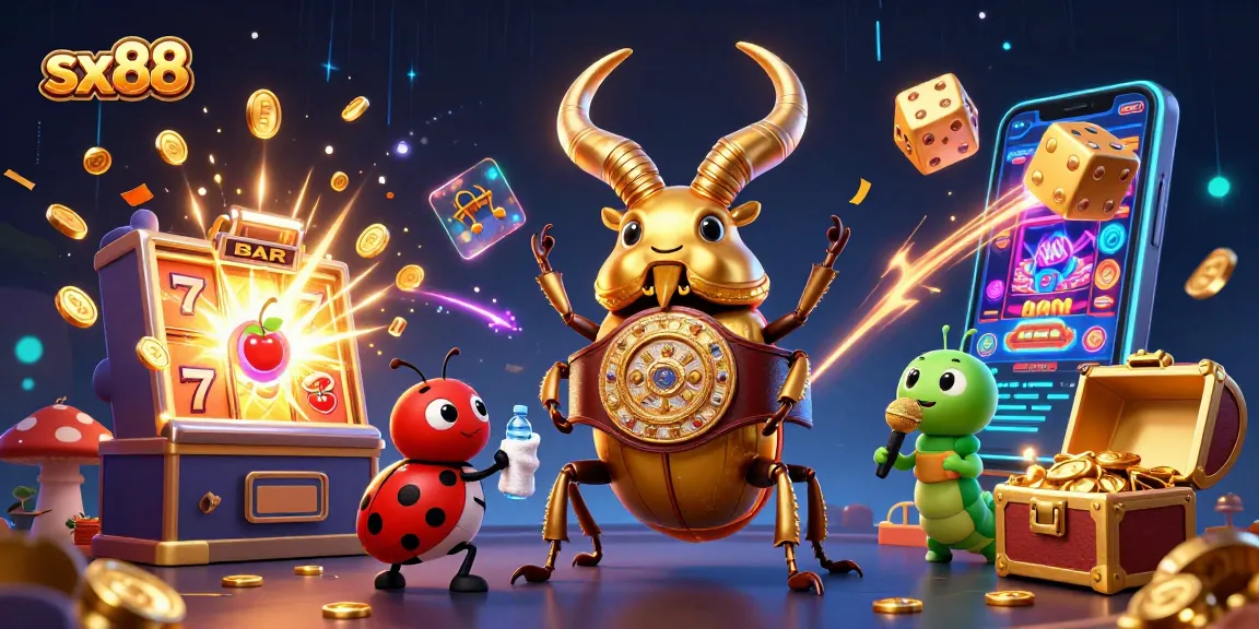 Sx88 captures the excitement of casino gaming with a giant stag beetle champion, jackpot explosions, and thrilling action.