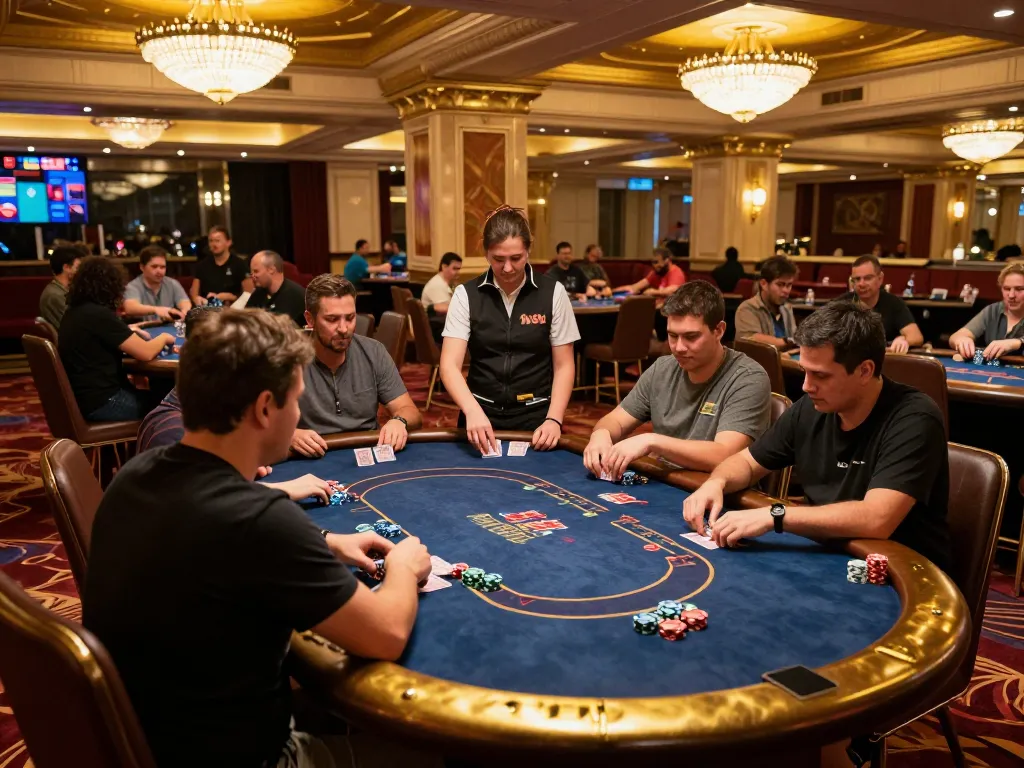 Players engage in strategic poker gameplay at W88's vibrant casino, showcasing a lively atmosphere.