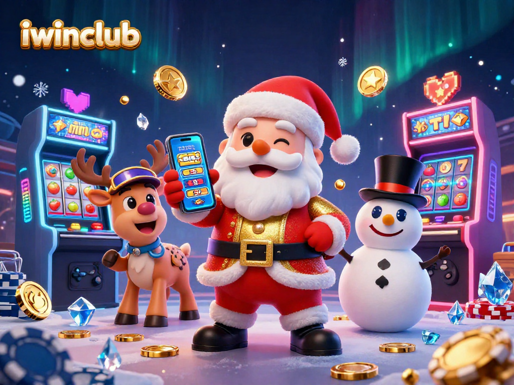 Celebrate winnings at iwinclub with Santa and friends in a vibrant casino scene!