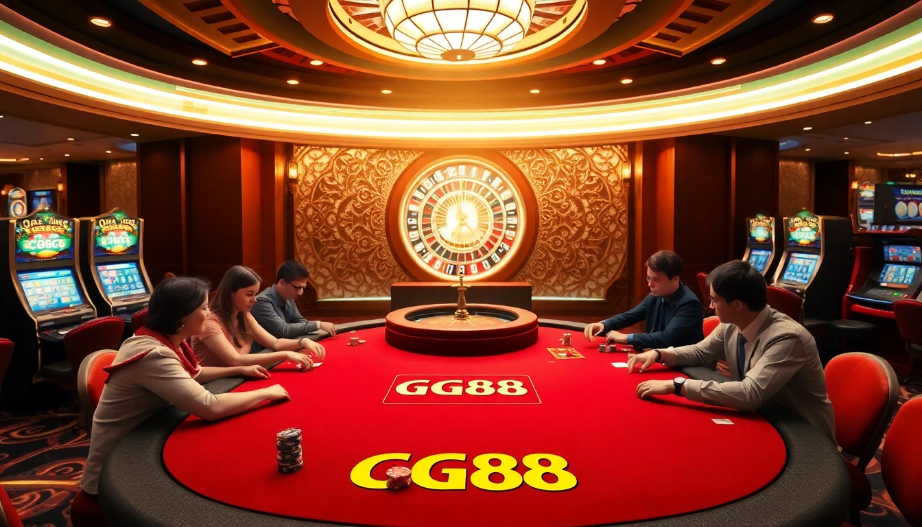 Players enjoying poker and slot machines at GG88 casino, showcasing excitement and high stakes.