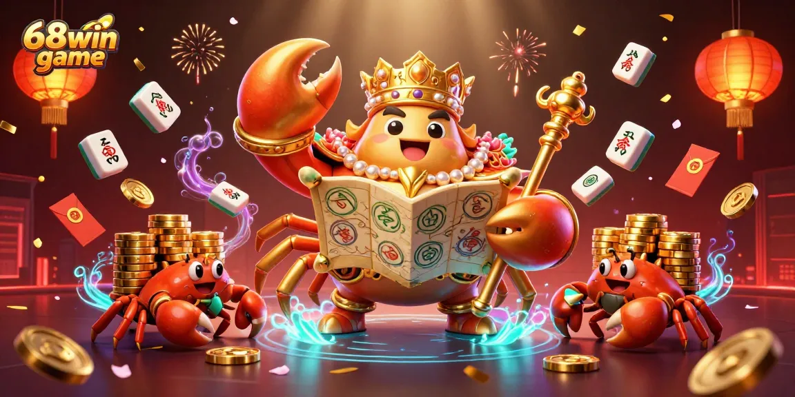 Engage with the excitement of 68win game in a vibrant casino-themed illustration featuring a decorated crab emperor.