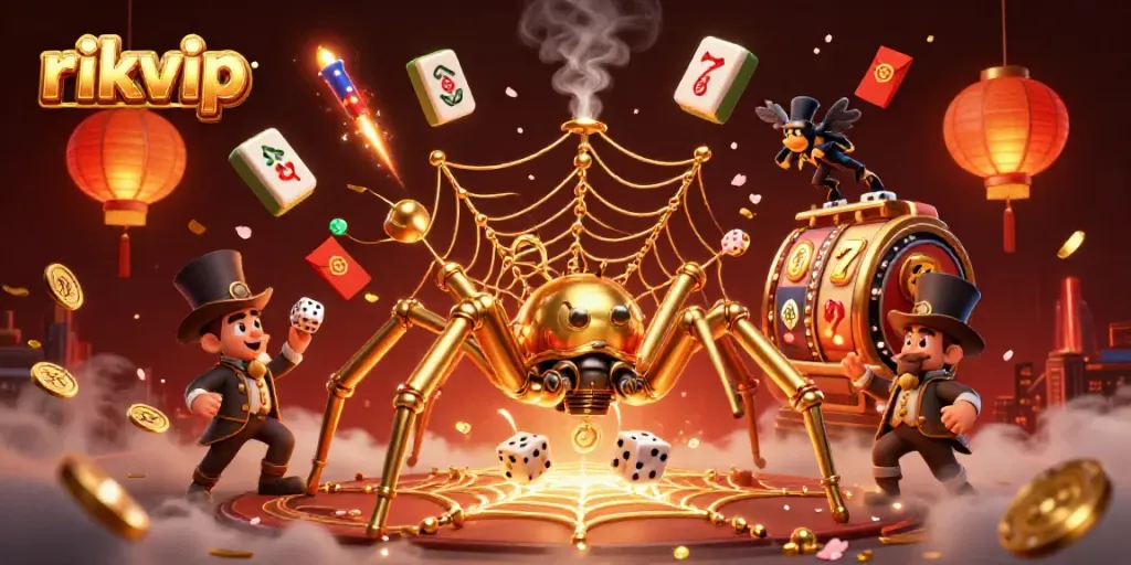 Experience the dynamic action of rikvip in a vibrant 3D casino scene with playful characters and slot game elements.