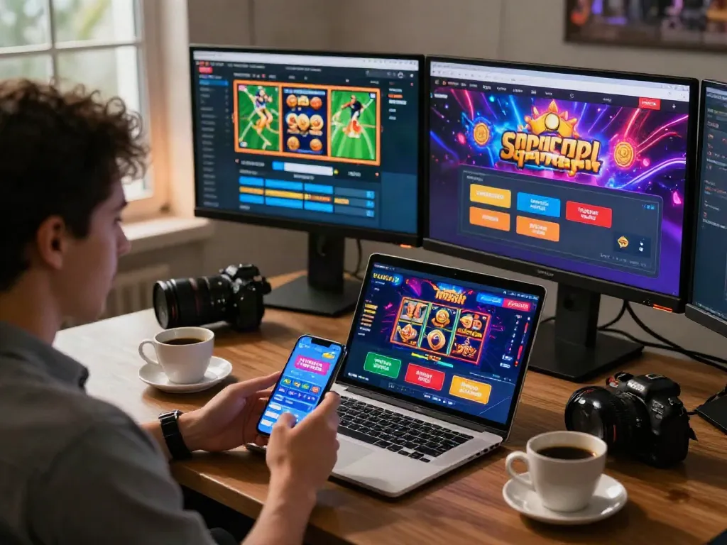 Interactive online gambling setup featuring Link M88 sports odds and games on multiple screens.