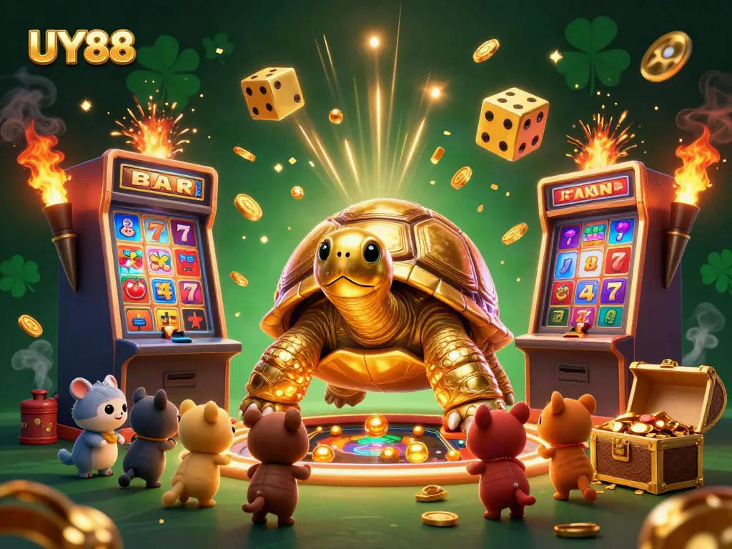 Spin the slots at UY88’s vibrant casino scene featuring golden tortoise and jackpot excitement.