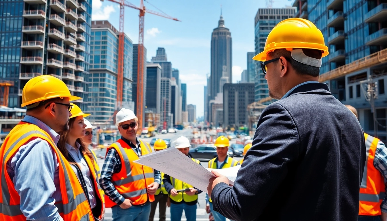 Manhattan Construction Manager analyzing a busy construction site with diverse teams.