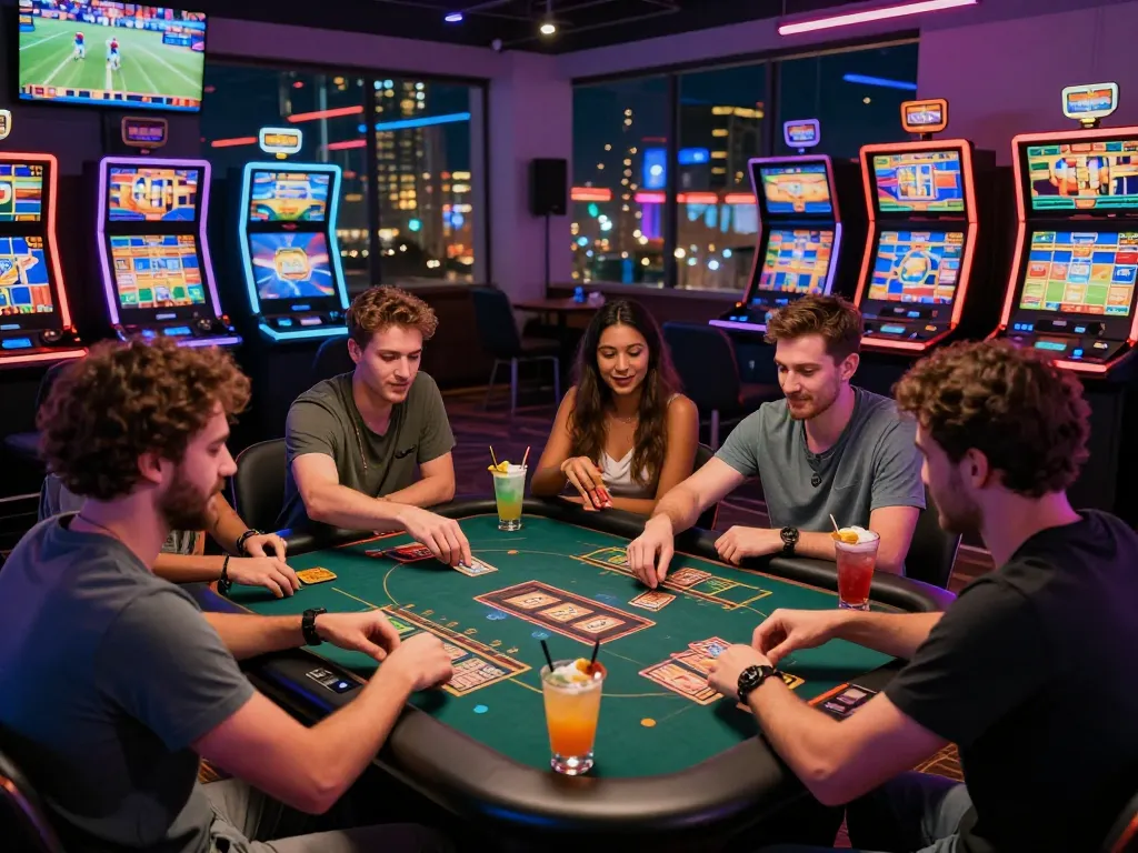 Diverse group enjoying online gaming and betting experience at Onbet.com in a modern casino setting.