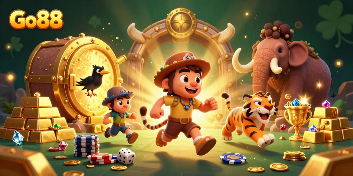 Experience exciting gaming at Go88, featuring cavemen and a sabertooth tiger in a vibrant prehistoric casino
