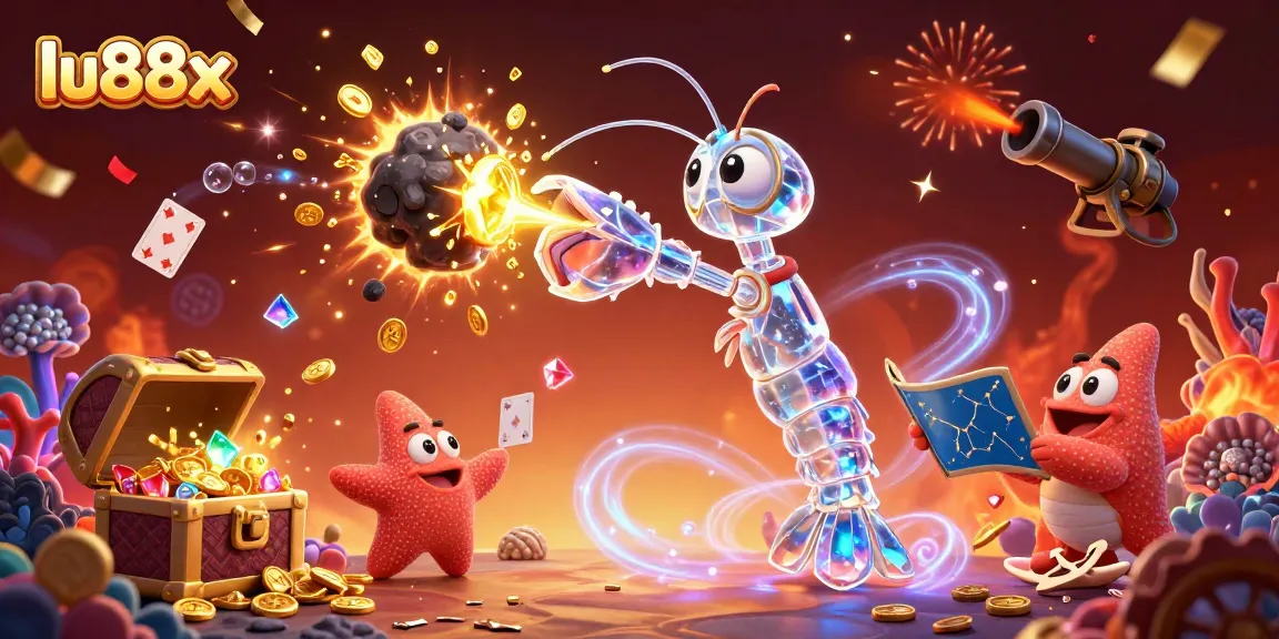 lu88x slots theme, featuring a galactic samurai mantis shrimp breaking asteroids for gems.