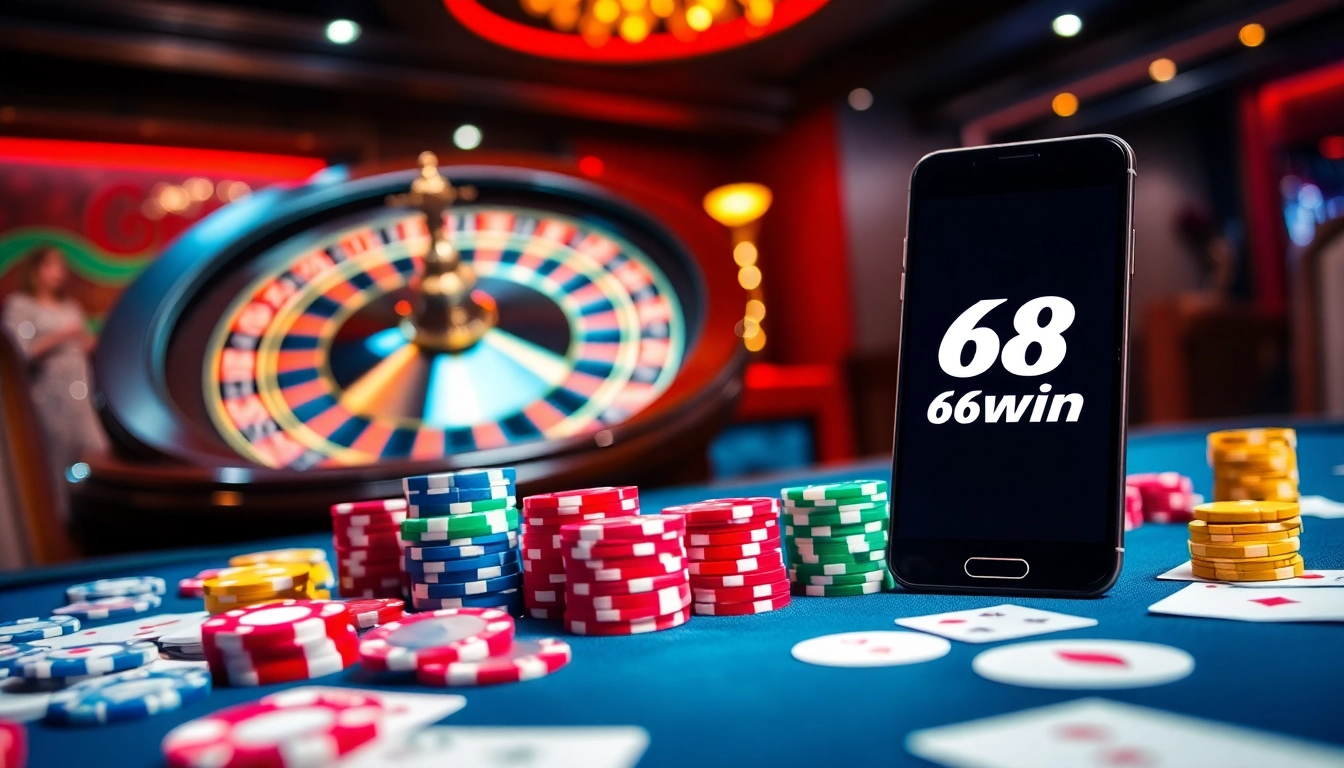 Engaging scene of 68win casino with poker chips and a spinning roulette wheel reflecting excitement.