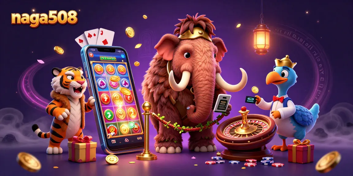 Naga508's vibrant casino scene featuring a woolly mammoth bouncer, a saber-toothed tiger VIP, and game elements.