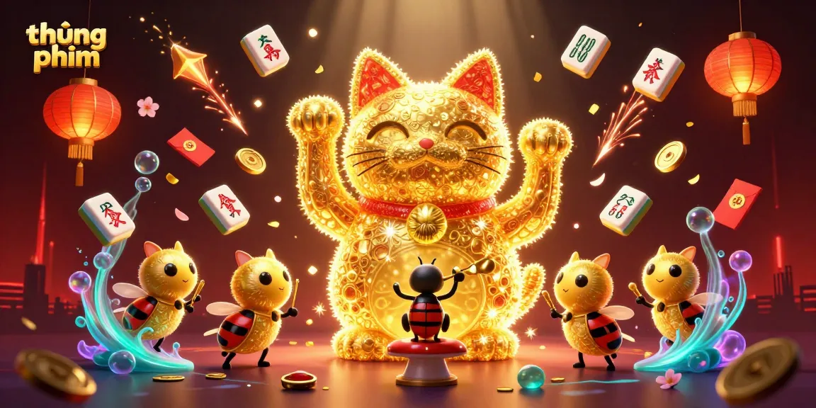 Experience thúng phim with a vibrant illustration featuring a lucky cat and casino elements.