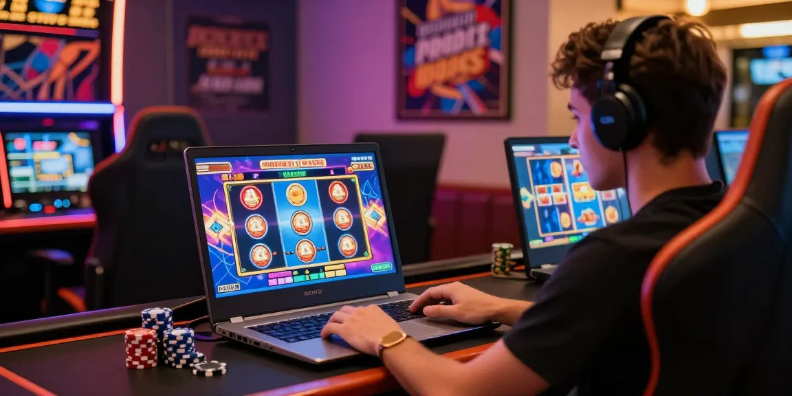 Enthusiastic gamer at a laptop enjoying credit card gaming at eviz.org.uk, showcasing lively casino graphics and responsible gambling vibes.