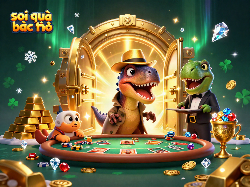 Soi cầu bạc nhớ strategy showcased with a velociraptor card counter at a blackjack table amidst casino treasures.