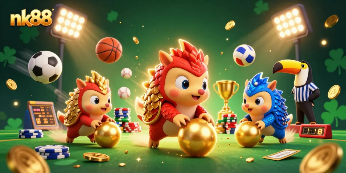 Compete with nk88 as cartoon pangolins roll gold balls among poker chips in a vibrant casino scene.