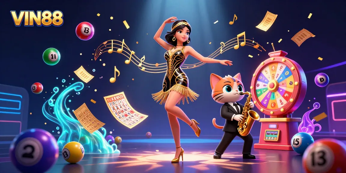 Experience the thrill of VIN88 gaming with a vibrant scene featuring dynamic lottery elements and characters.