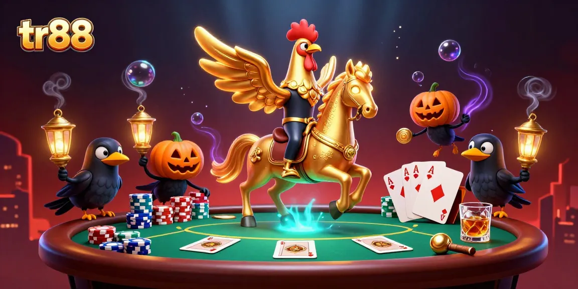 Experience the thrill of tr88 casino with winning poker chips and unique characters lighting the night.