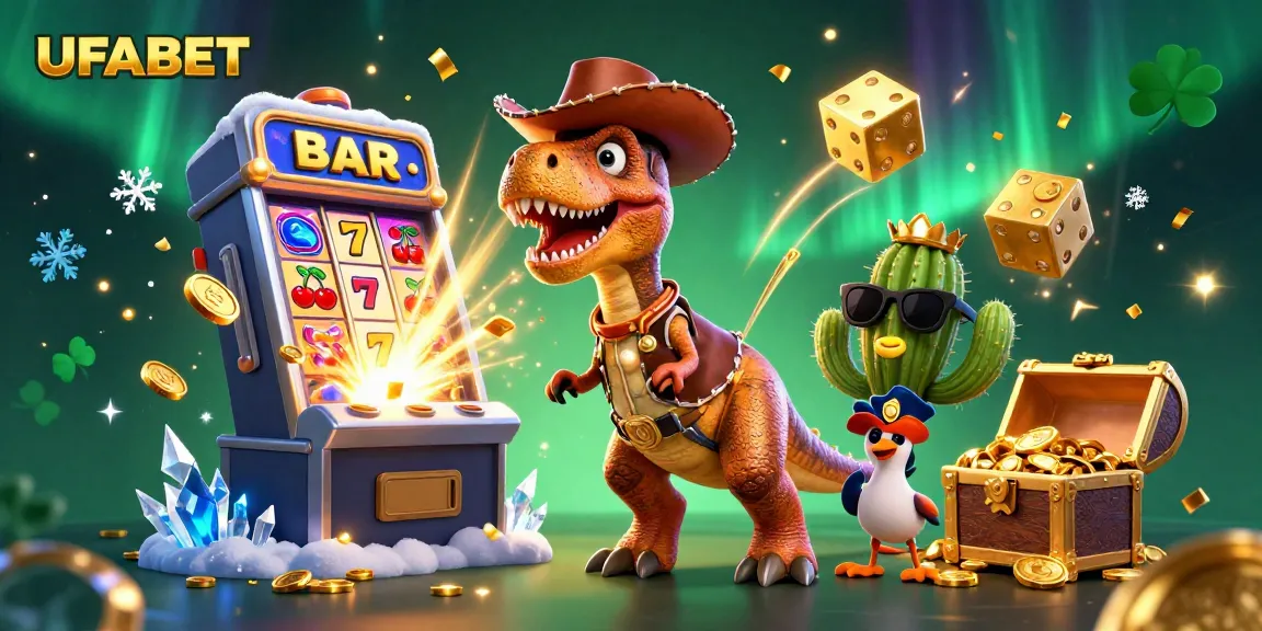 Bet on UFABET with this vibrant 3D casino scene showcasing slot machines and playful characters.