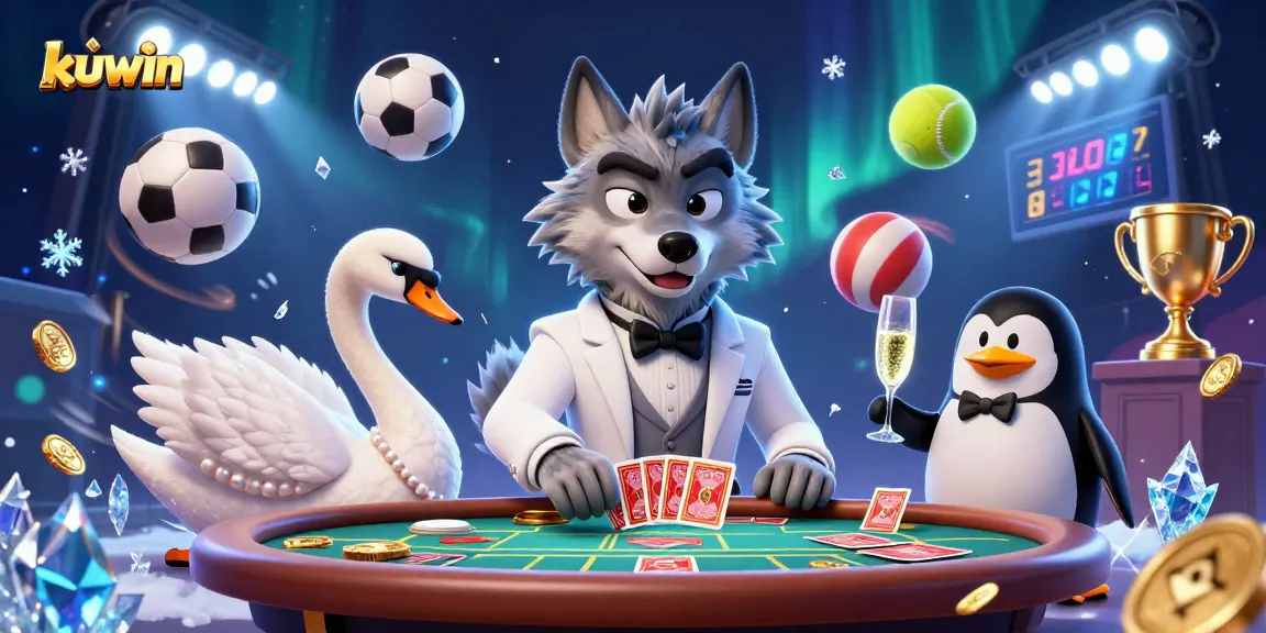 Kuwin engages players with a colorful scene of gambling excitement, featuring a debonair wolf, elegant swan, and sophisticated penguin.