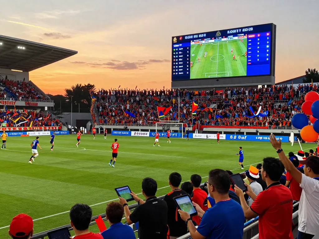 Exciting scene of kèo bóng đá at a vibrant football match with fans cheering and players in action.