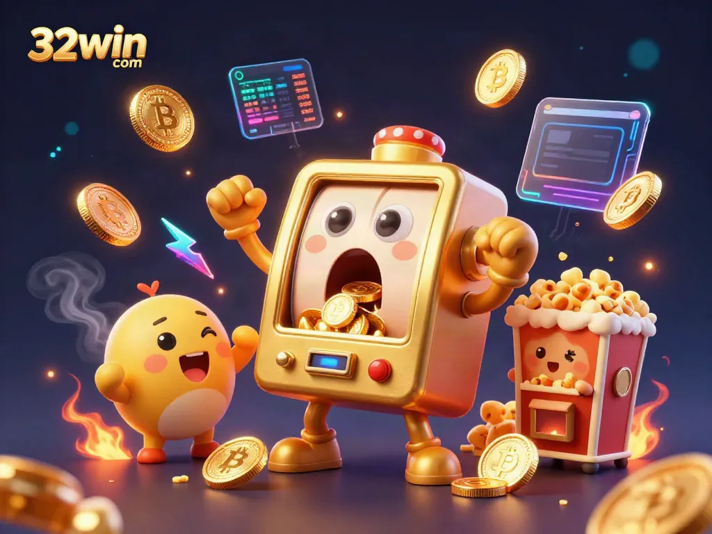 Cue the excitement at 32win com with a golden slot machine winning jackpot and cheering companions.