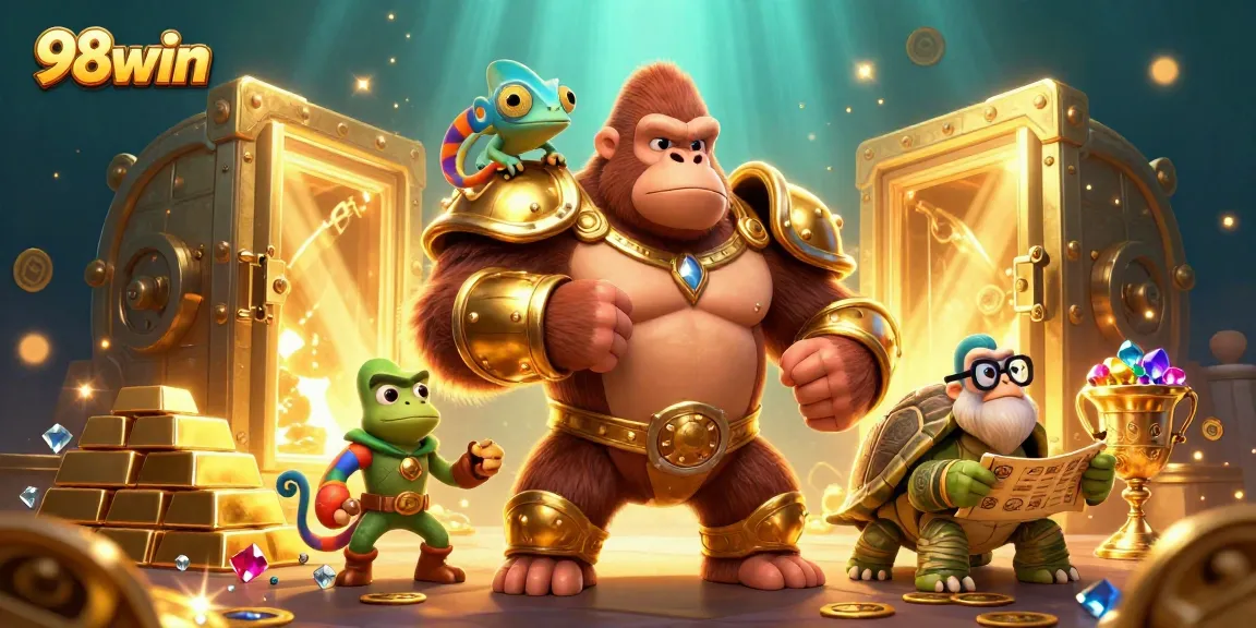 Experience the thrill of 98win with a vibrant visual of a gorilla king amidst treasures and gaming elements.